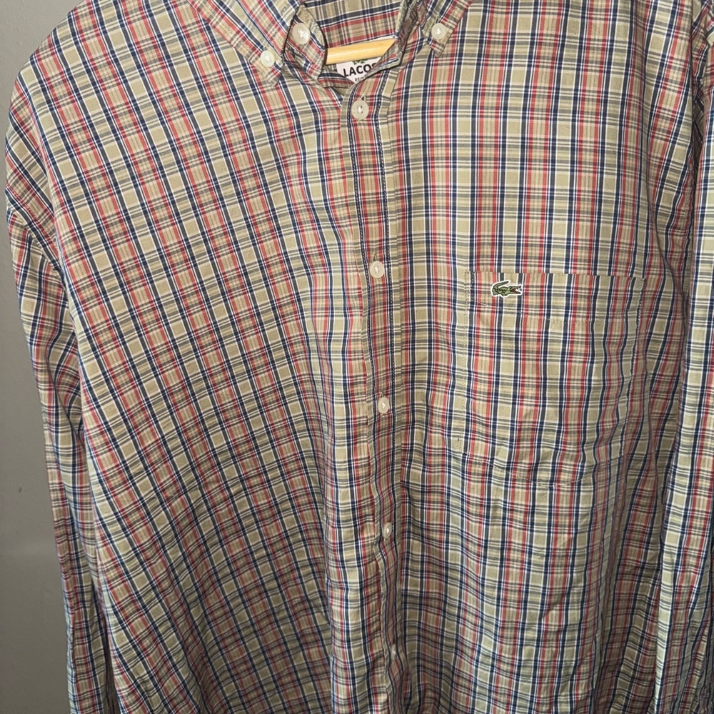 Lacoste Men's Red and Blue Checkered Shirt